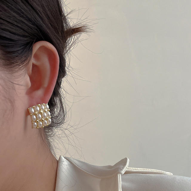 Korean fashion square shape pearl studs earrings