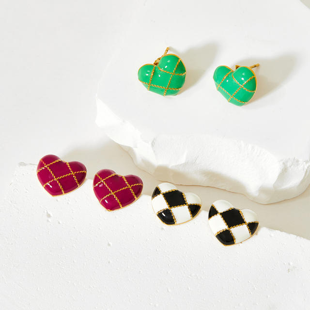 Classic color enamel checkered stainless steel studs earrings