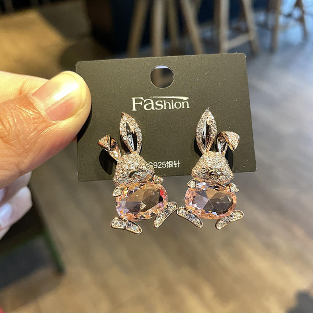 925 needle luxury pave setting cubic zircon rabbit studs earrings