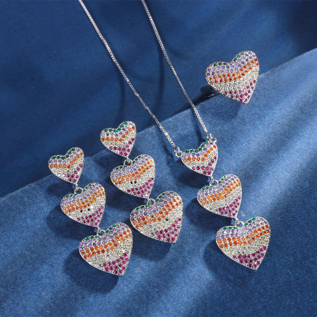 Occident fashion rainbow cubic zircon heart copper necklace set