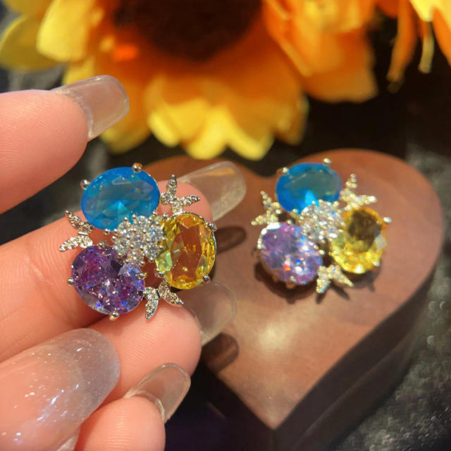 925 needle colorful cubic zircon copper studs earrings