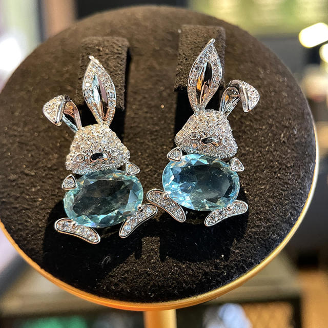 925 needle luxury pave setting cubic zircon rabbit studs earrings
