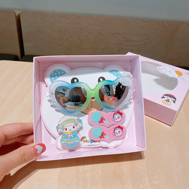 New design sweet animal kids hair clips sunglasses set