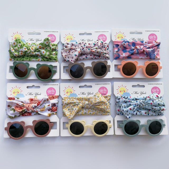 New design floral bow headband kids sunglasses set