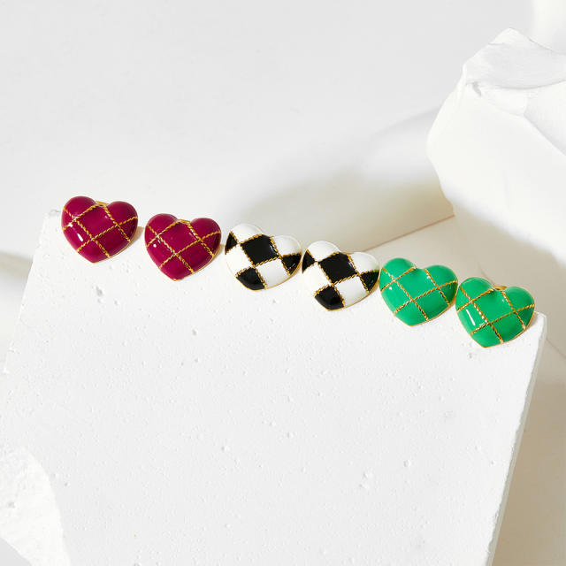 Classic color enamel checkered stainless steel studs earrings