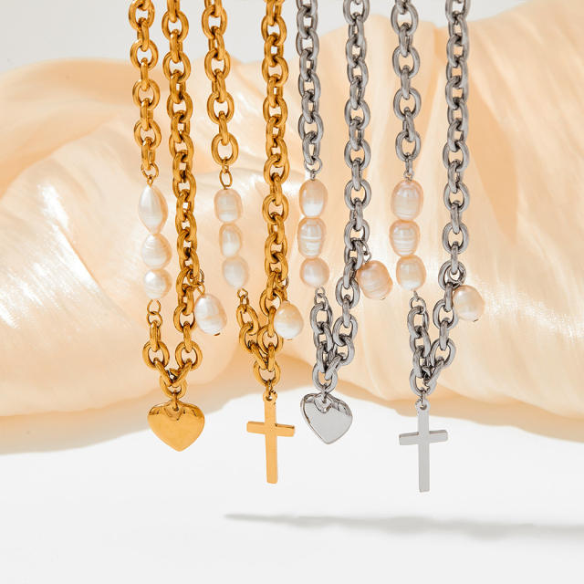 Cross pendant pearl mix stainless steel chain necklace