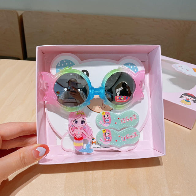 New design sweet animal kids hair clips sunglasses set