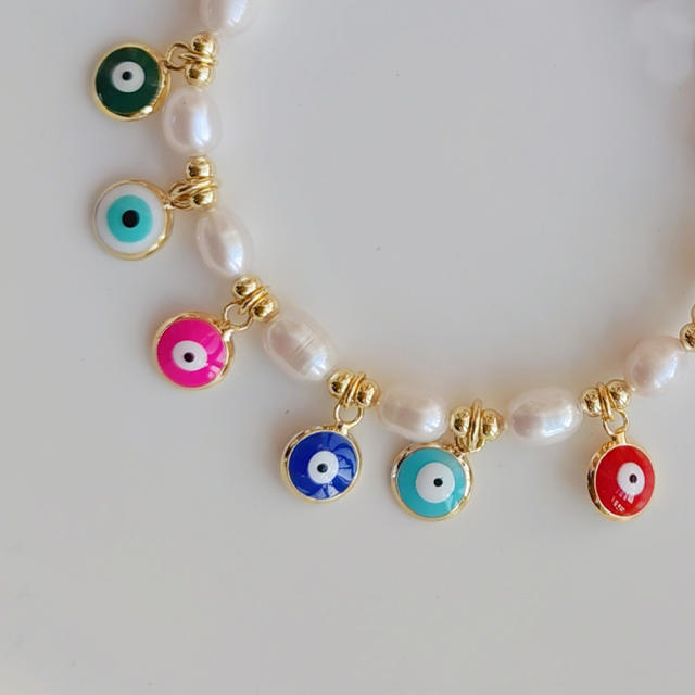 INS baroque pearl enamel evil eye charm bracelet