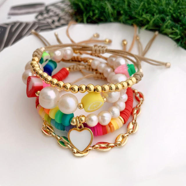 INS boho Y2K color clay bead pearl thread bracelet set