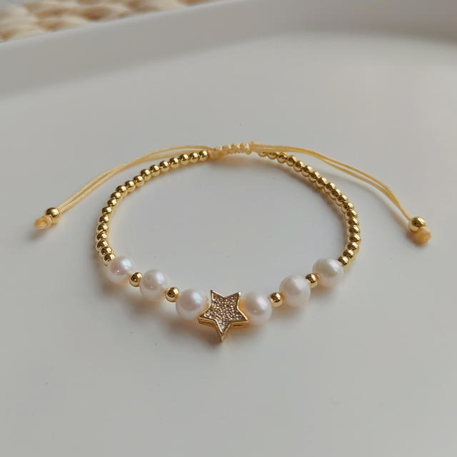 Handmade rhinestone star moon pearl thread bracelet