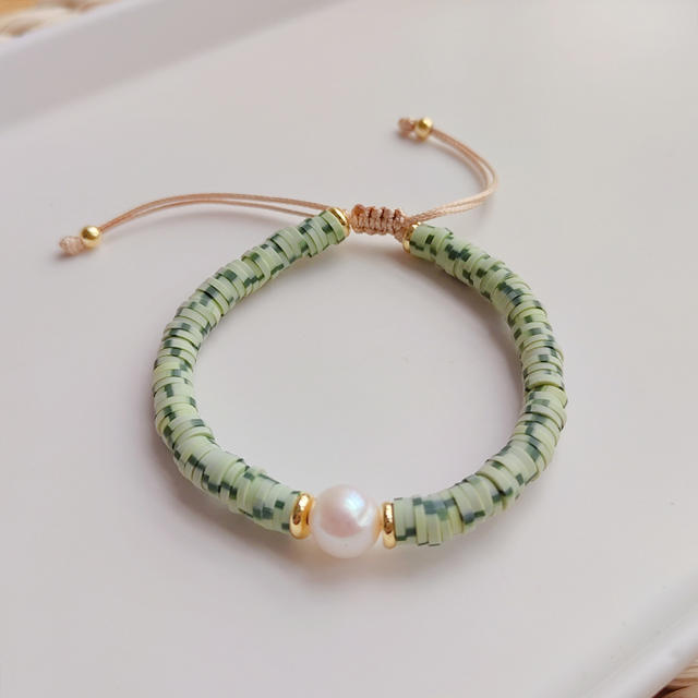 INS boho Y2K green color clay bead pearl bracelet set