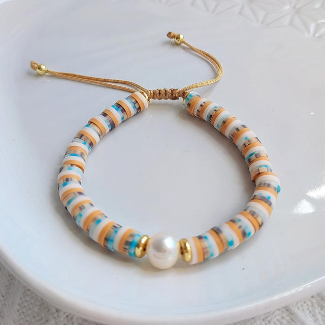 INS boho brown color clay bead pearl bracelet set