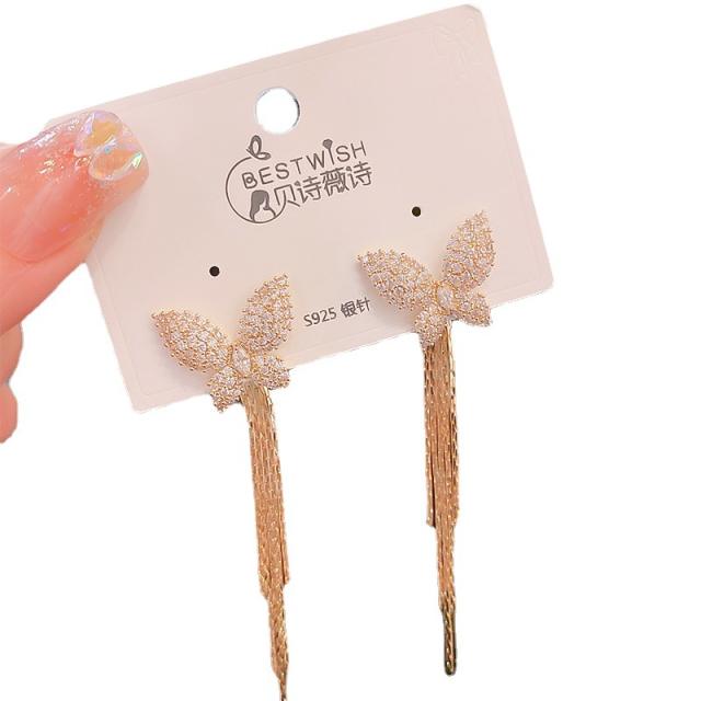 Korean fashion diamond butterfly chain tassel earrings