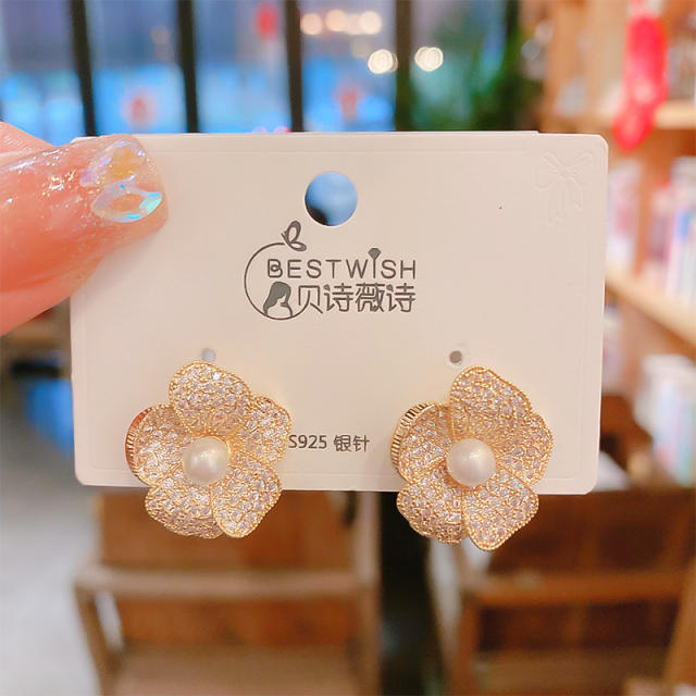 Elegant gold plated diamond petal flower studs earrings
