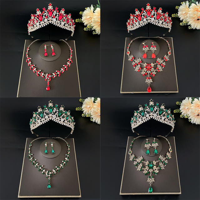 Luxury 3pcs color glass crystal crown necklace set
