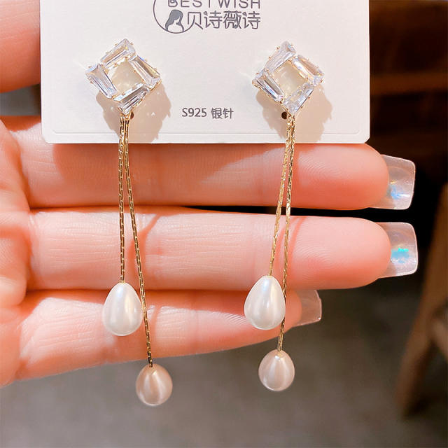 925 needle elegant pearl drop long earrings
