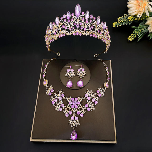 Luxury color glass crystal 3pcs crown necklace set