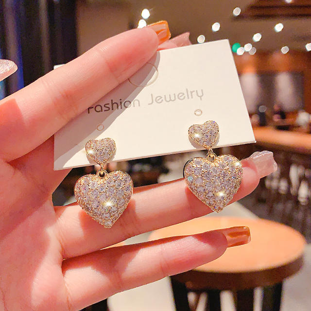 925 needle diamond heart earrings