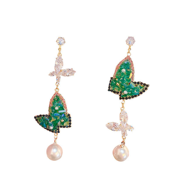 925 needle color cubic zircon butterfly asymmetrical earrings