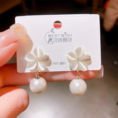 925 needle opal stone flower pearl drop earrings