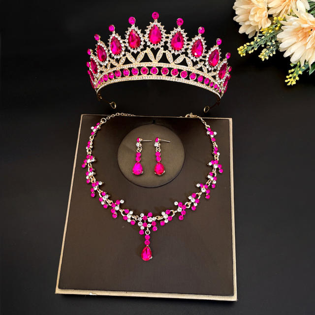Luxury color glass crystal wedding crown necklace set