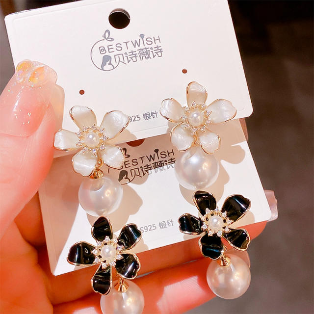 Eleagnt real gold plated copper enamel flower pearl earrings