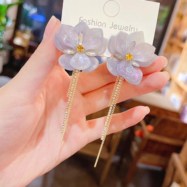 925 needle flower chain tassel earrings
