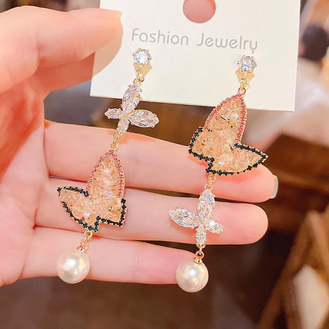 925 needle color cubic zircon butterfly asymmetrical earrings