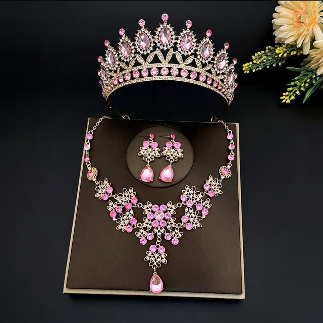 Luxury color glass crystal wedding crown necklace set
