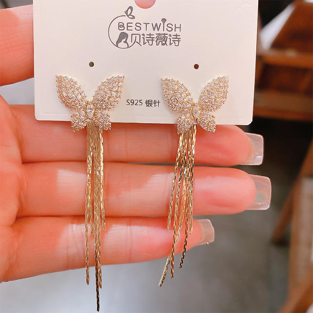 Korean fashion diamond butterfly chain tassel earrings