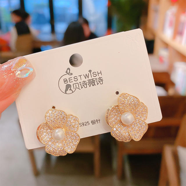 Elegant gold plated diamond petal flower studs earrings