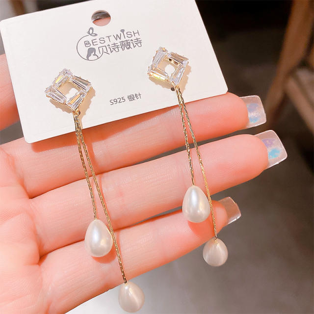 925 needle elegant pearl drop long earrings