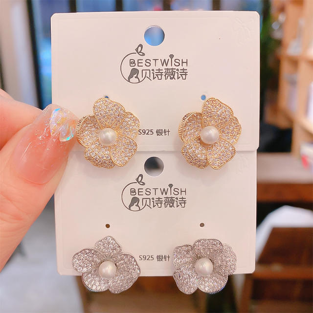 Elegant gold plated diamond petal flower studs earrings