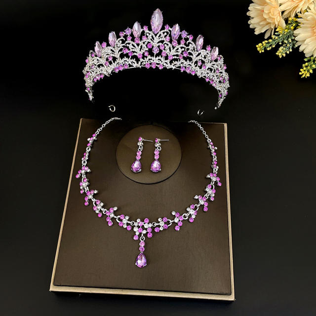 Luxury color glass crystal 3pcs crown necklace set