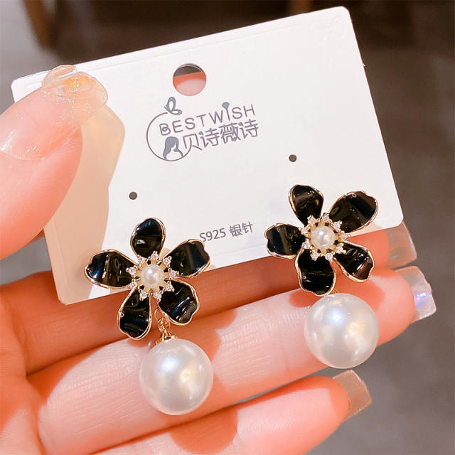 Eleagnt real gold plated copper enamel flower pearl earrings