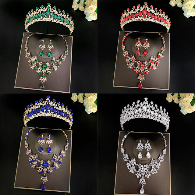 Luxury color glass crystal crown necklace set