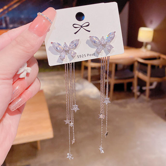 925 needle cubic zircon butterfly chain tassel earrings