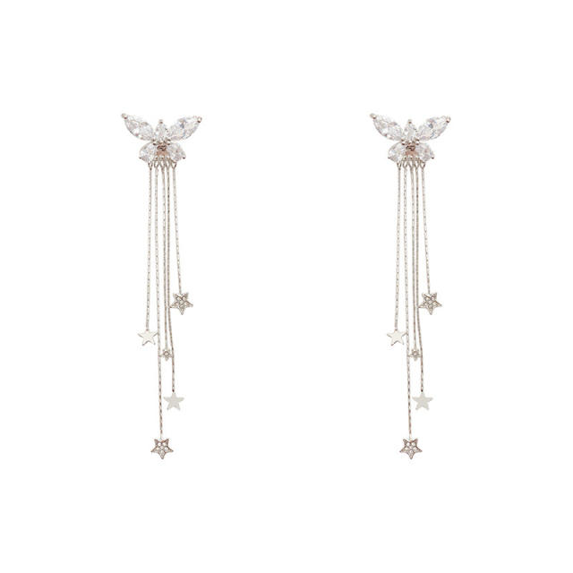 925 needle cubic zircon butterfly chain tassel earrings