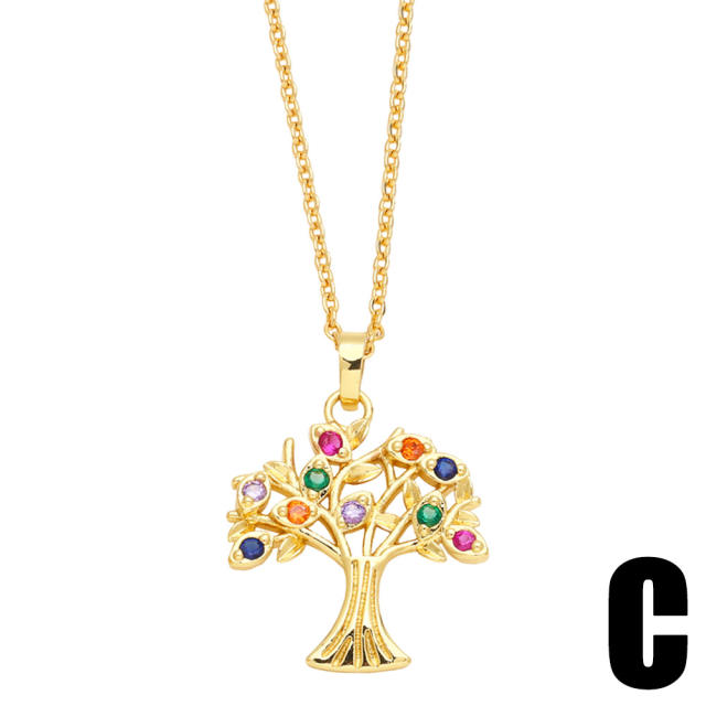Rainbow cubic zircon life tree heart pendant copper necklace