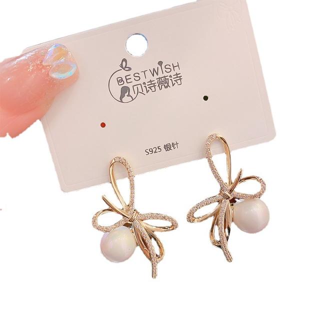 925 needle gold plated bow pearl studs earrings