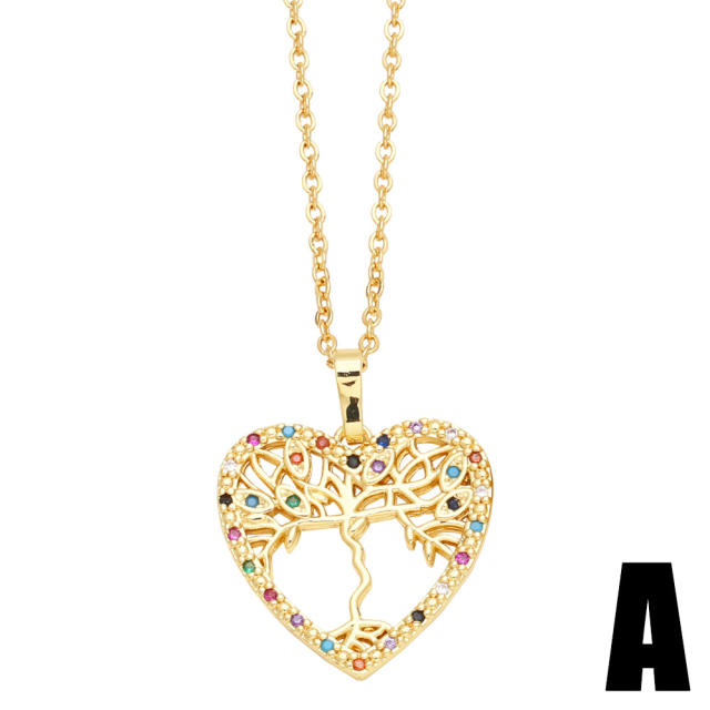 Rainbow cubic zircon life tree heart pendant copper necklace
