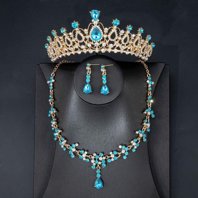 Korean fashion luxury color glass crystal crown necklace set