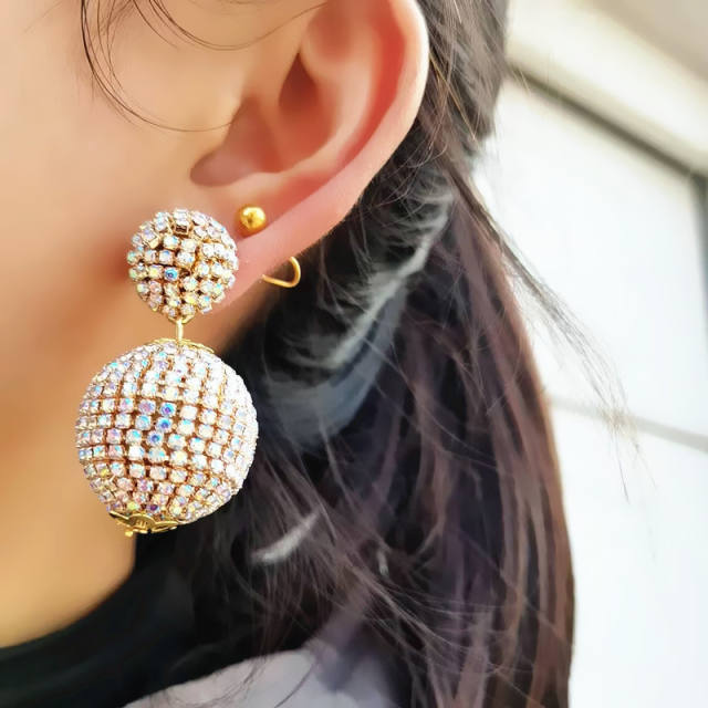 Luxury pave setting rhinestone ball drop earrings