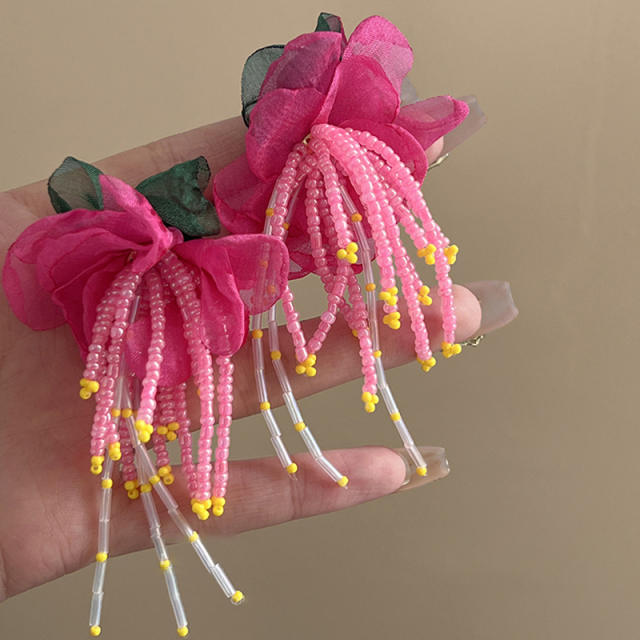 Creative rose red fabric flower bead tassel earrings