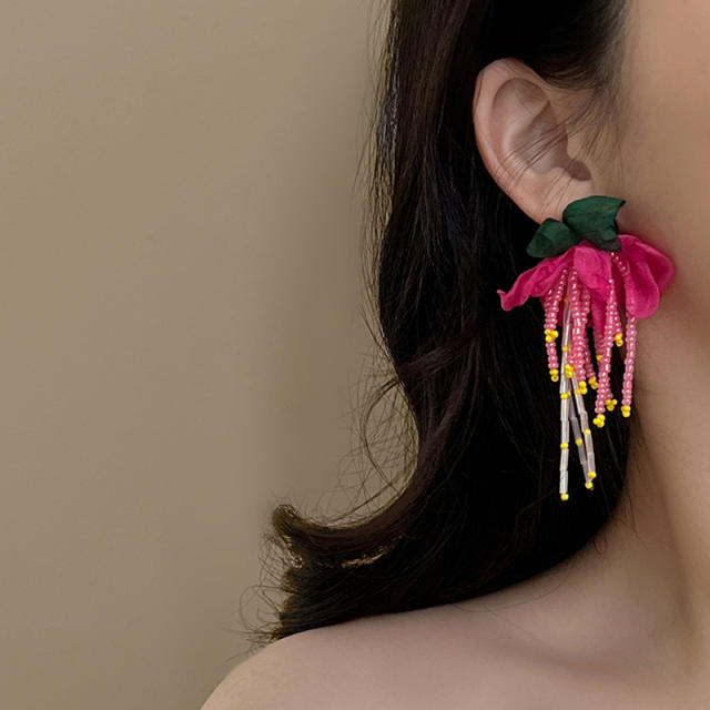 Creative rose red fabric flower bead tassel earrings