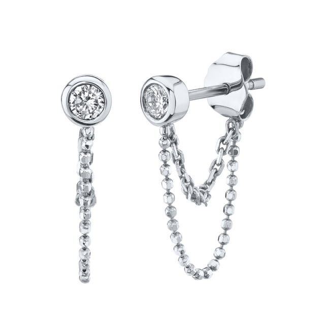 925 needle elegant cubic zircon chain copper studs earrings