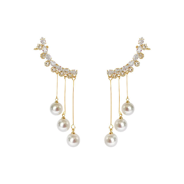 925 needle elegant cubic zircon pearl tassel earrings