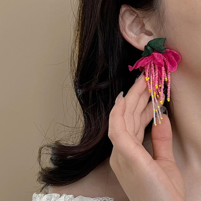 Creative rose red fabric flower bead tassel earrings