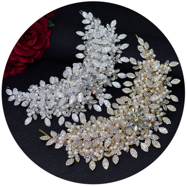 Handmade luxury pearl rhinestone flower wedding headband set