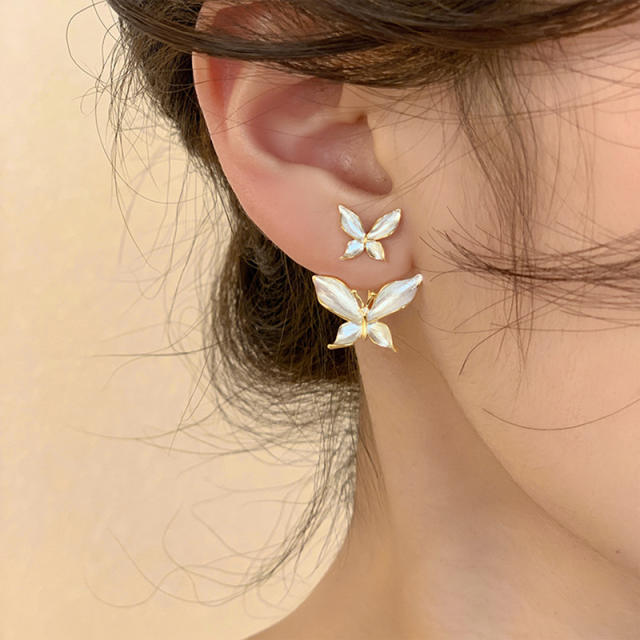Elegant enamel white butterfly jacket earrings